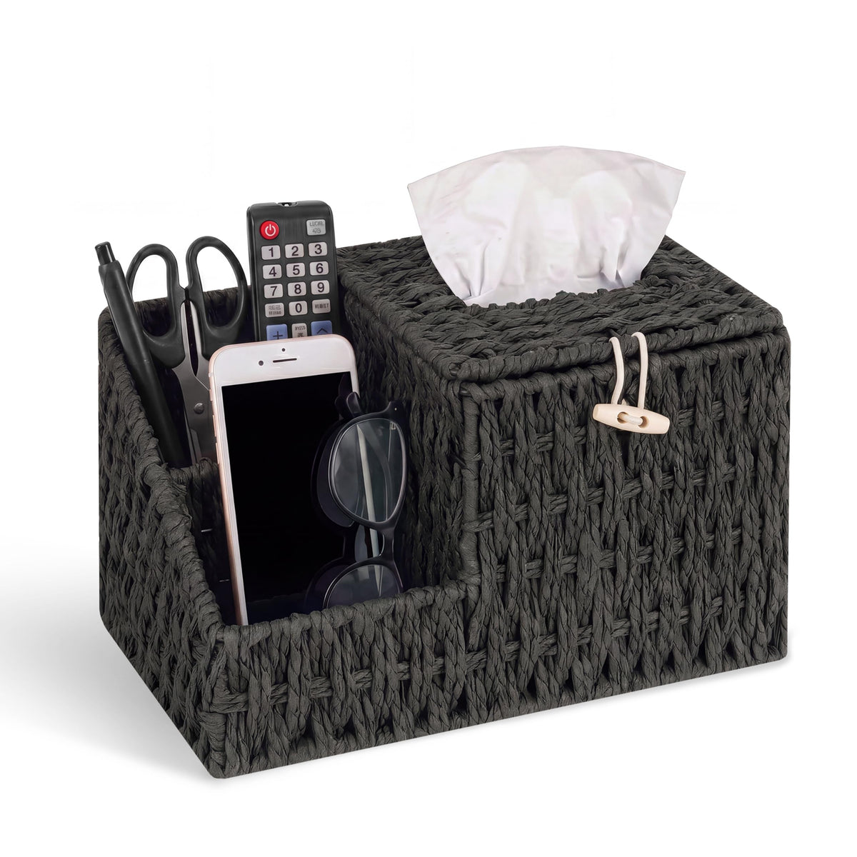 Tissue Box Cover with Storage, Water Hyacinth Square Tissue Box Holder