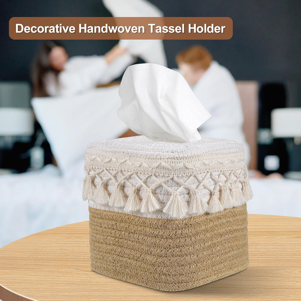 Boho Tissue Box Cover: Natural Handwoven Square Cover for Bathroom