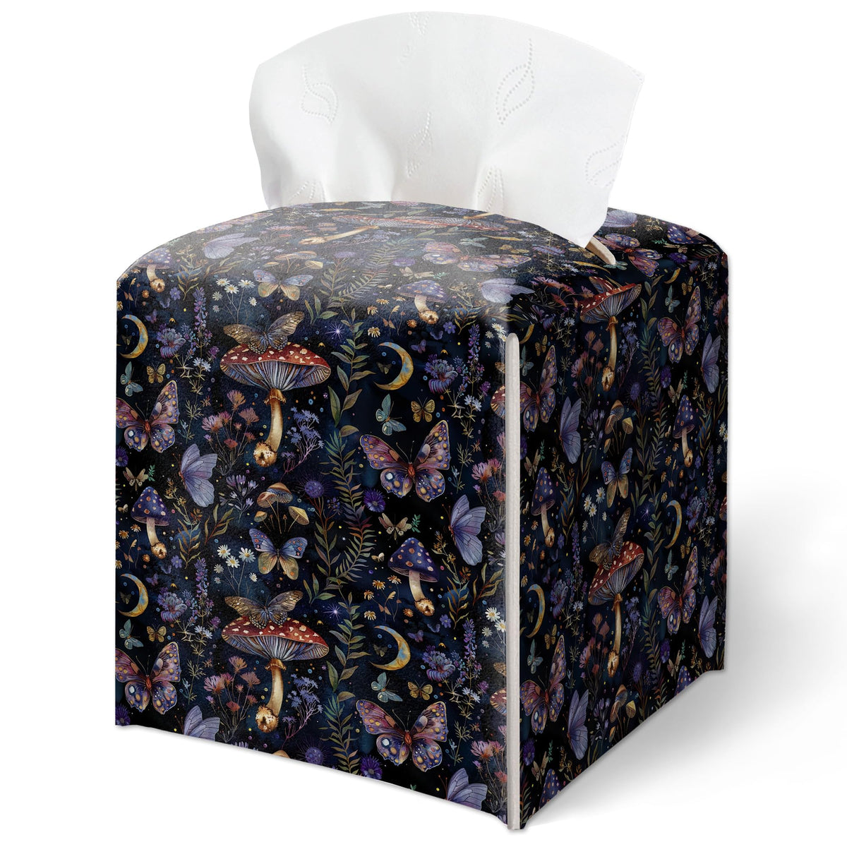 Forest Mushrooms Pattern Tissue Box Cover, Plants Design Leather Tissue Box Holder-Waterproof, Desktop Decor for Living Room Bedroom Nightstand Office, Gift for Women & Friend-A16