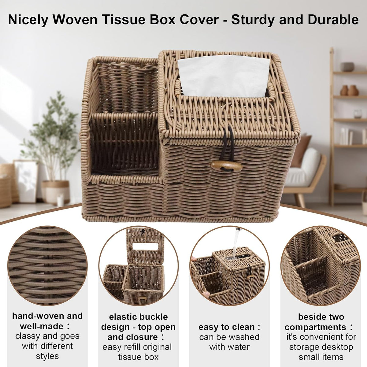 Woven Tissue Box Cover Square, Tissue Box Holder, Tissue Box Cover with Storage, Tissue Box Holder Remote Organizer, Bedside Nightstand Organizer for Bedroom/Bathroom/Office/Kitchen Countertop