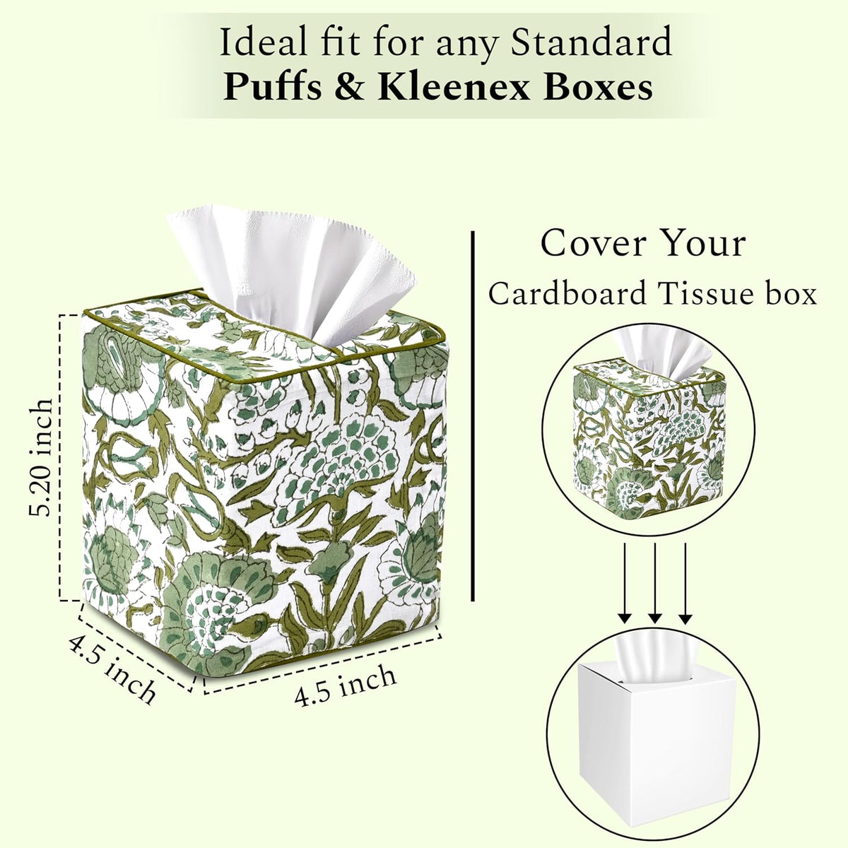 CPC Agate Green Block Print Square Tissue Box Cover 100% Cotton