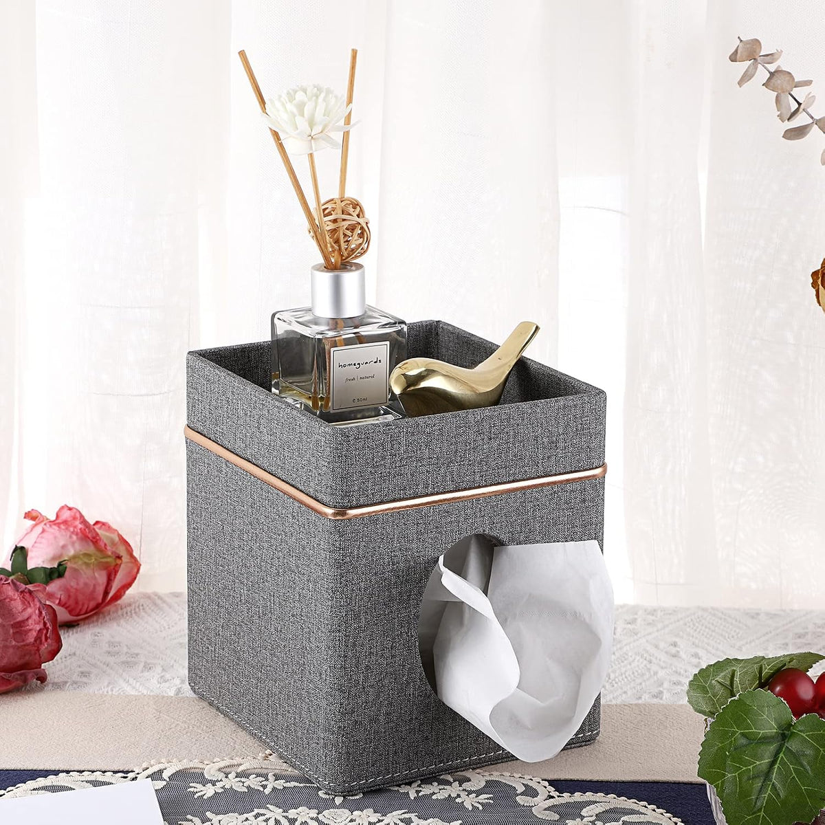 Sumnacon Linen Square Tissue Box Cover with Tray Tissue Box Holder,Grey
