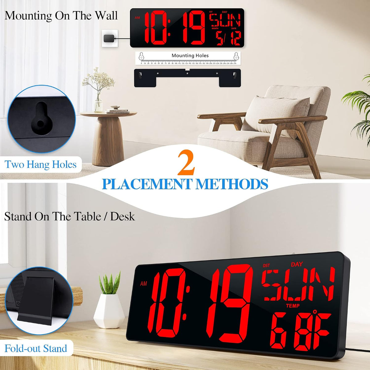 17.2"Large Digital Wall Clock Large Display with Remote Control 180°Visible