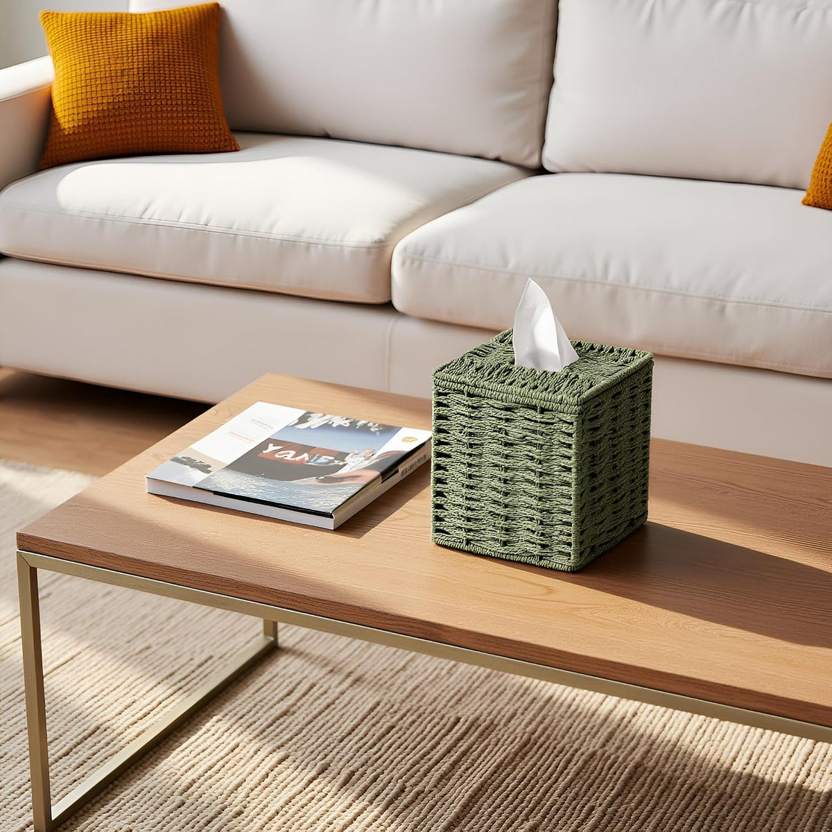 Sage Green Tissue Box Cover, Hand Woven Square Tissue Box Holder