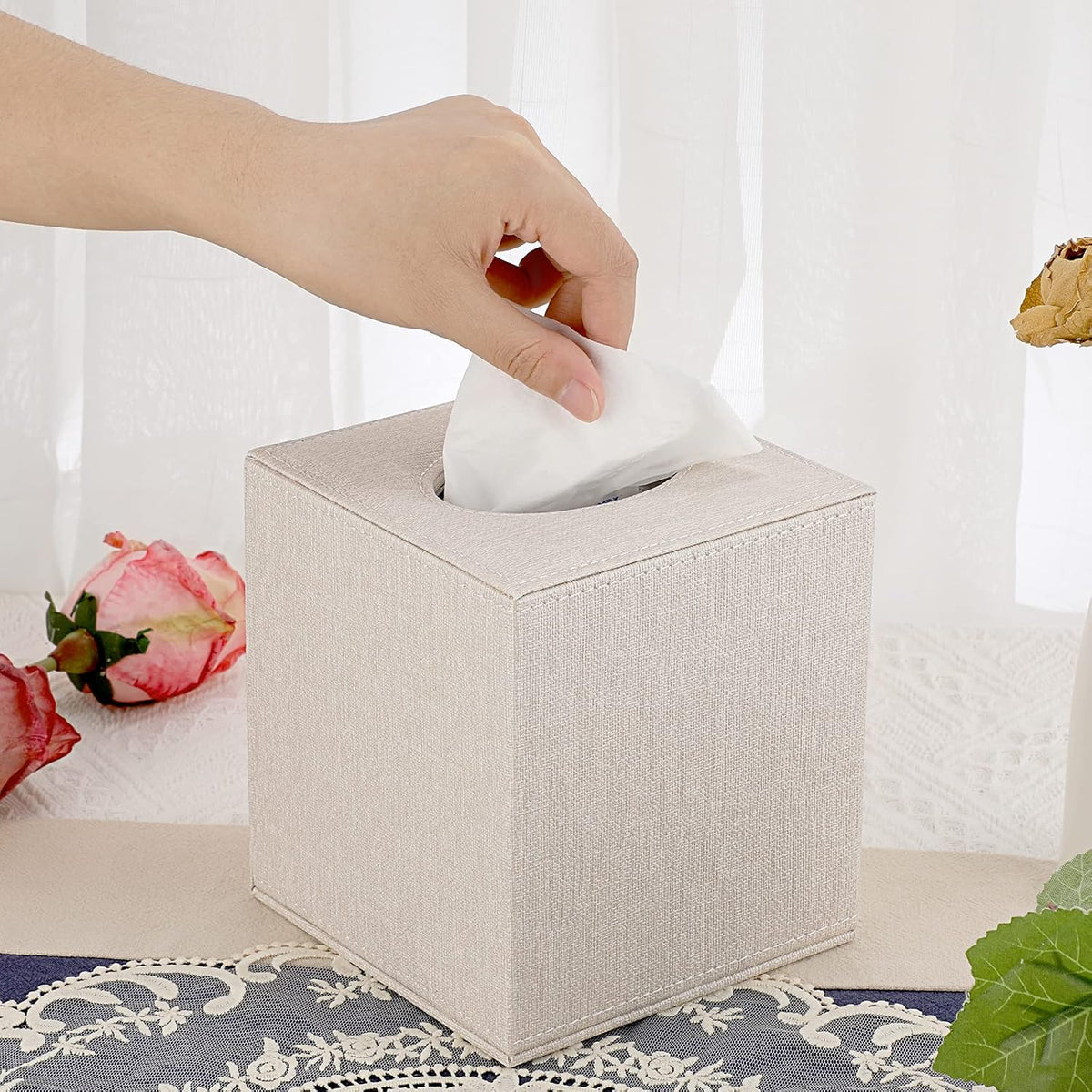 Sumnacon Square Linen Tissue Box Cover, Magnetic Bottom Tissue Box Holder