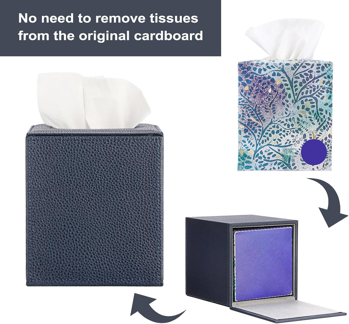 Sumnacon Tissue Box Cover Square,Magnetic Bottom PU Tissue Box Holder,Blue