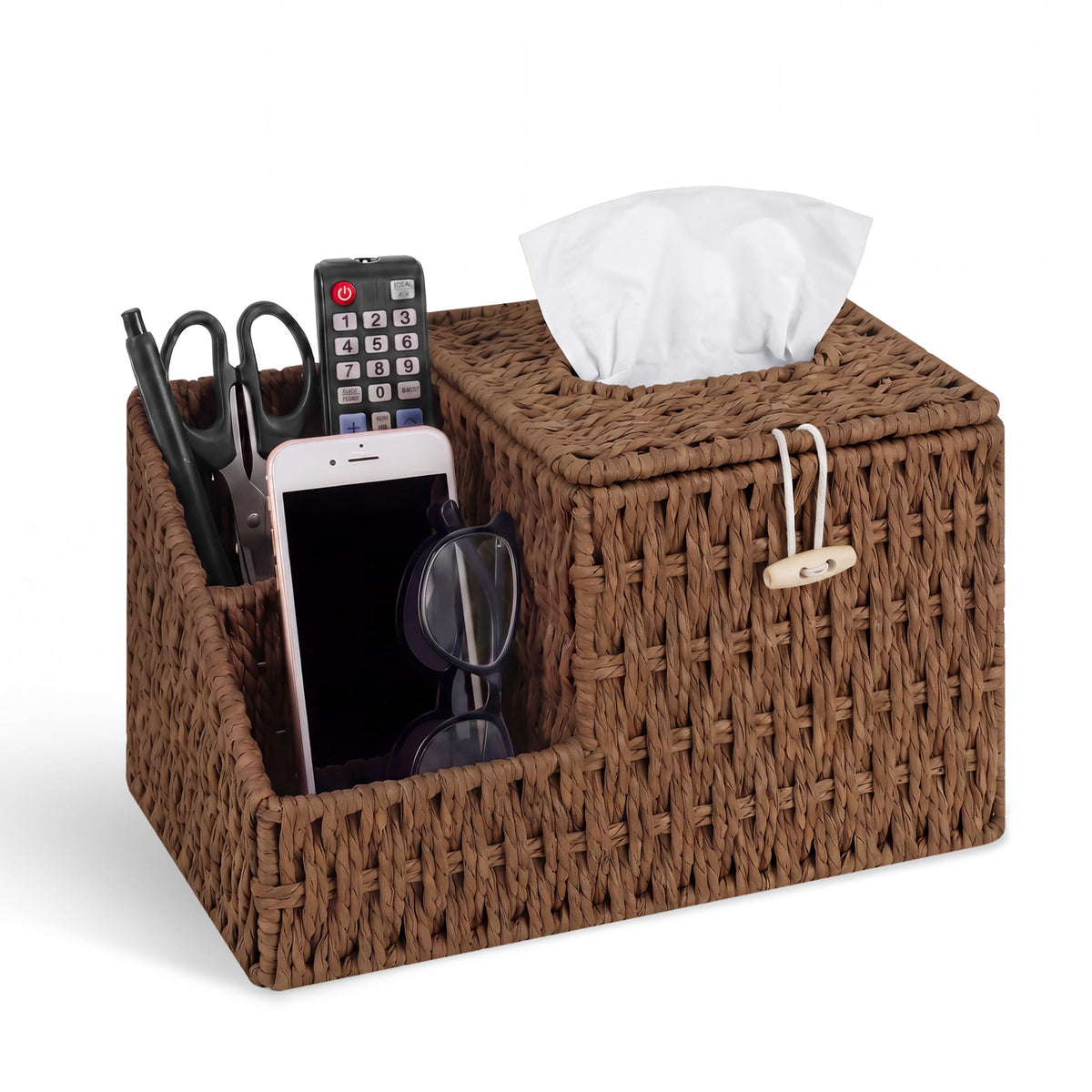 Tissue Box Cover with Storage, Water Hyacinth Square Tissue Box Holder