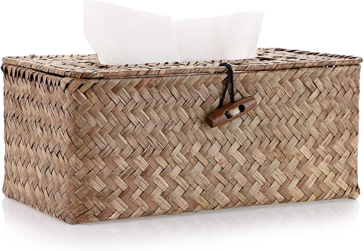 Sumnacon Tissue Box Cover Rectangle Seagrass Woven Tissue Box Holder,Coffee