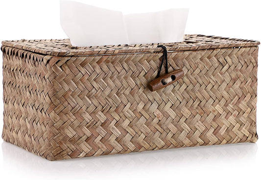 Sumnacon Tissue Box Cover Rectangle Seagrass Woven Tissue Box Holder,Coffee