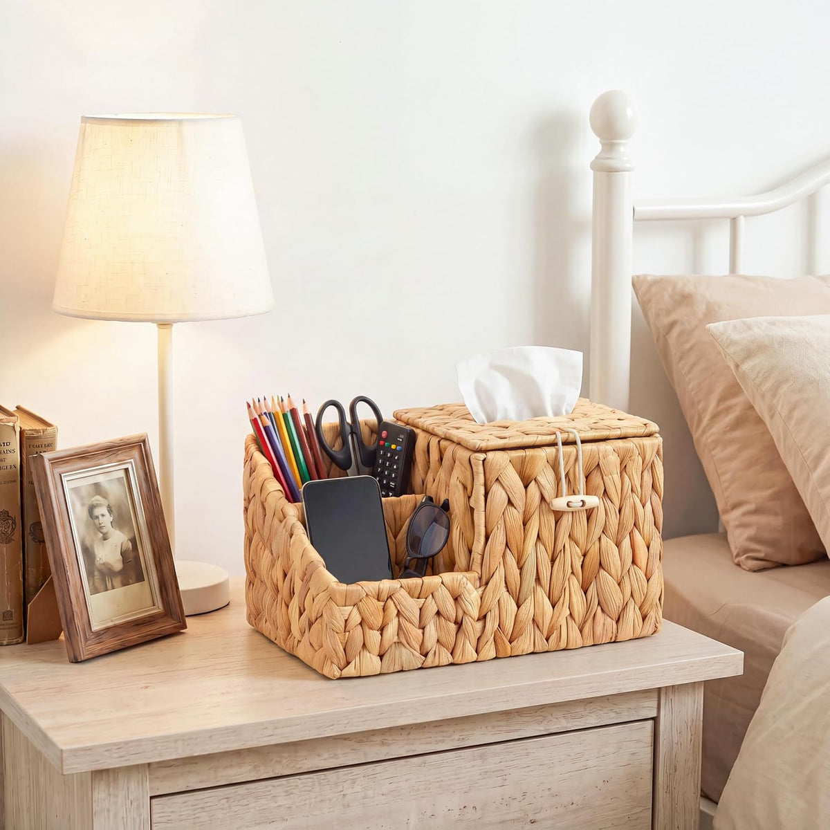 Tissue Box Cover with Storage, Water Hyacinth Square Tissue Box Holder