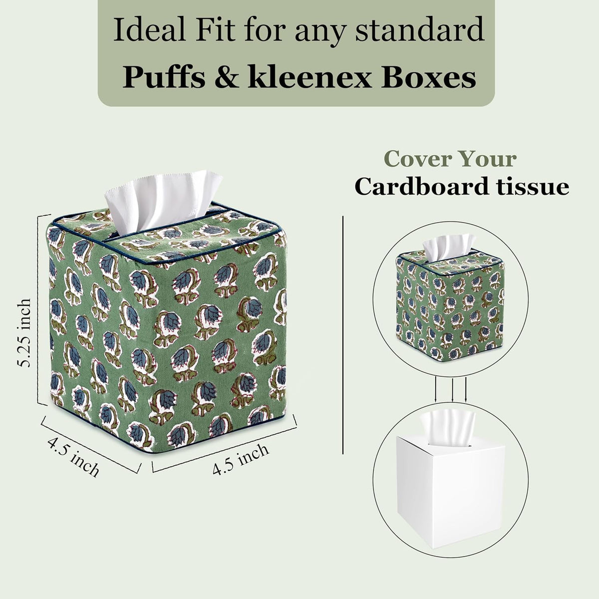 Ridhi Block Print 100% Cotton Square Tissue Box Cover Basil Green