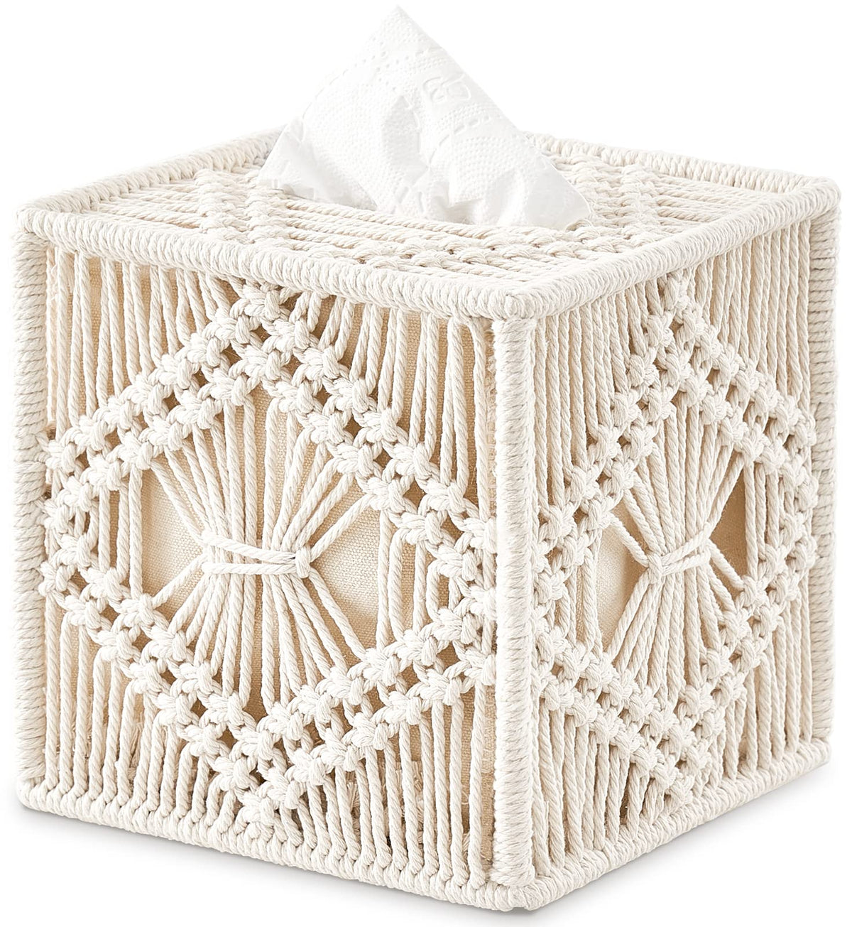 Mkono Tissue Box Cover Square, Boho Macrame Decor Open-Bottom Holder, Green