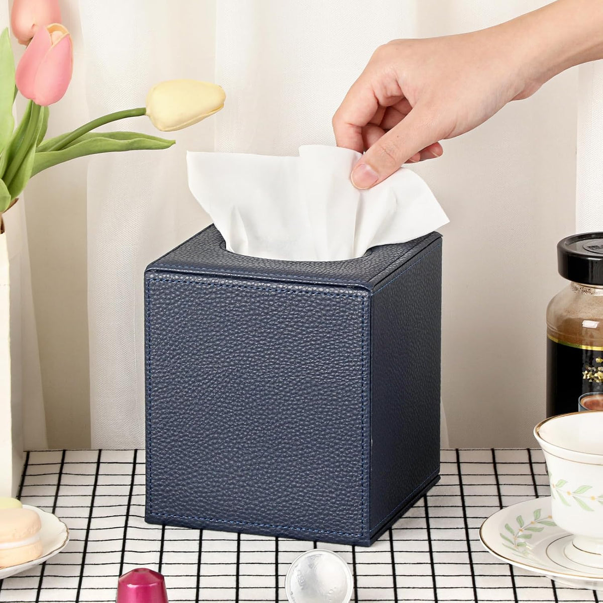 Sumnacon Tissue Box Cover Square,Magnetic Bottom PU Tissue Box Holder,Blue