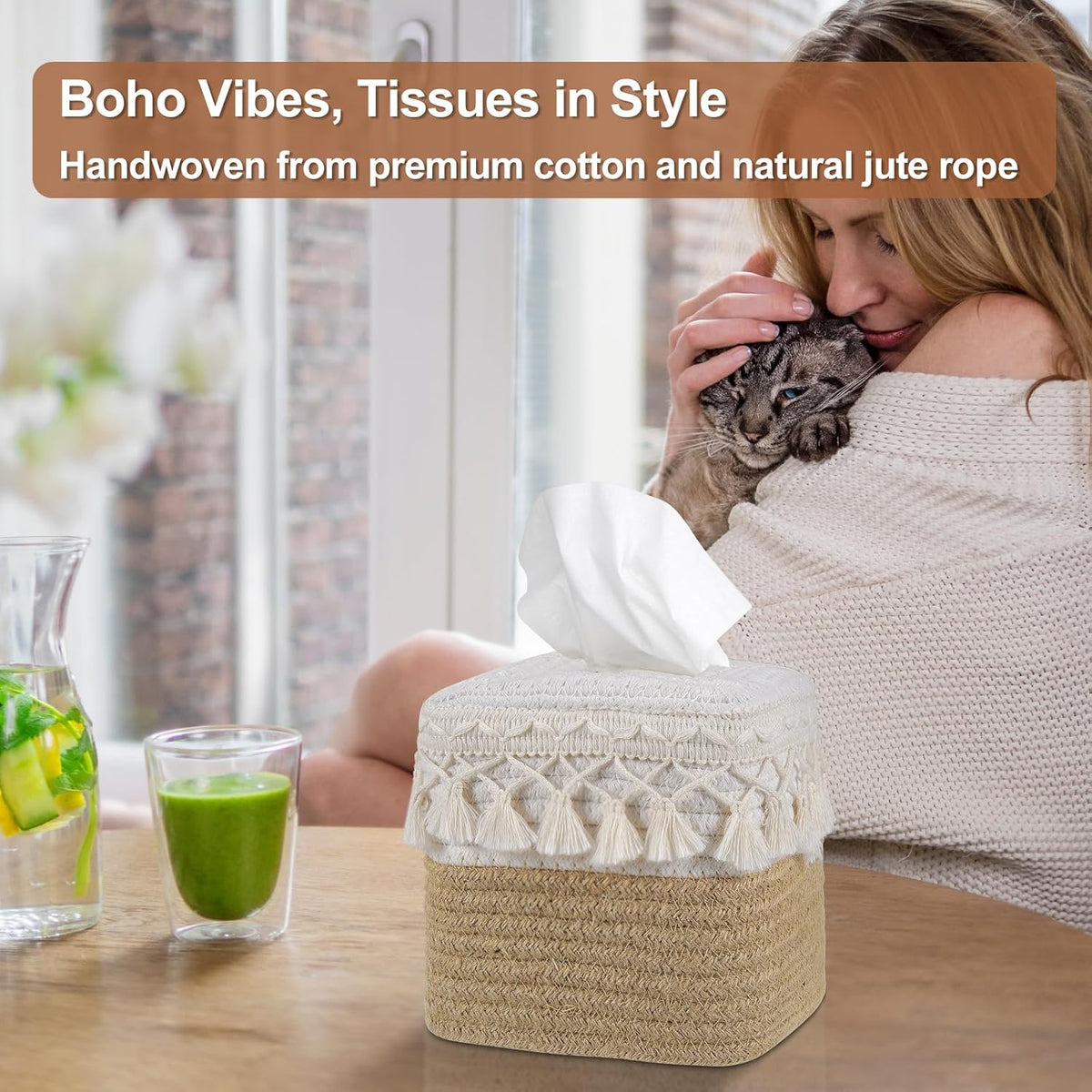 Boho Tissue Box Cover: Natural Handwoven Square Cover for Bathroom