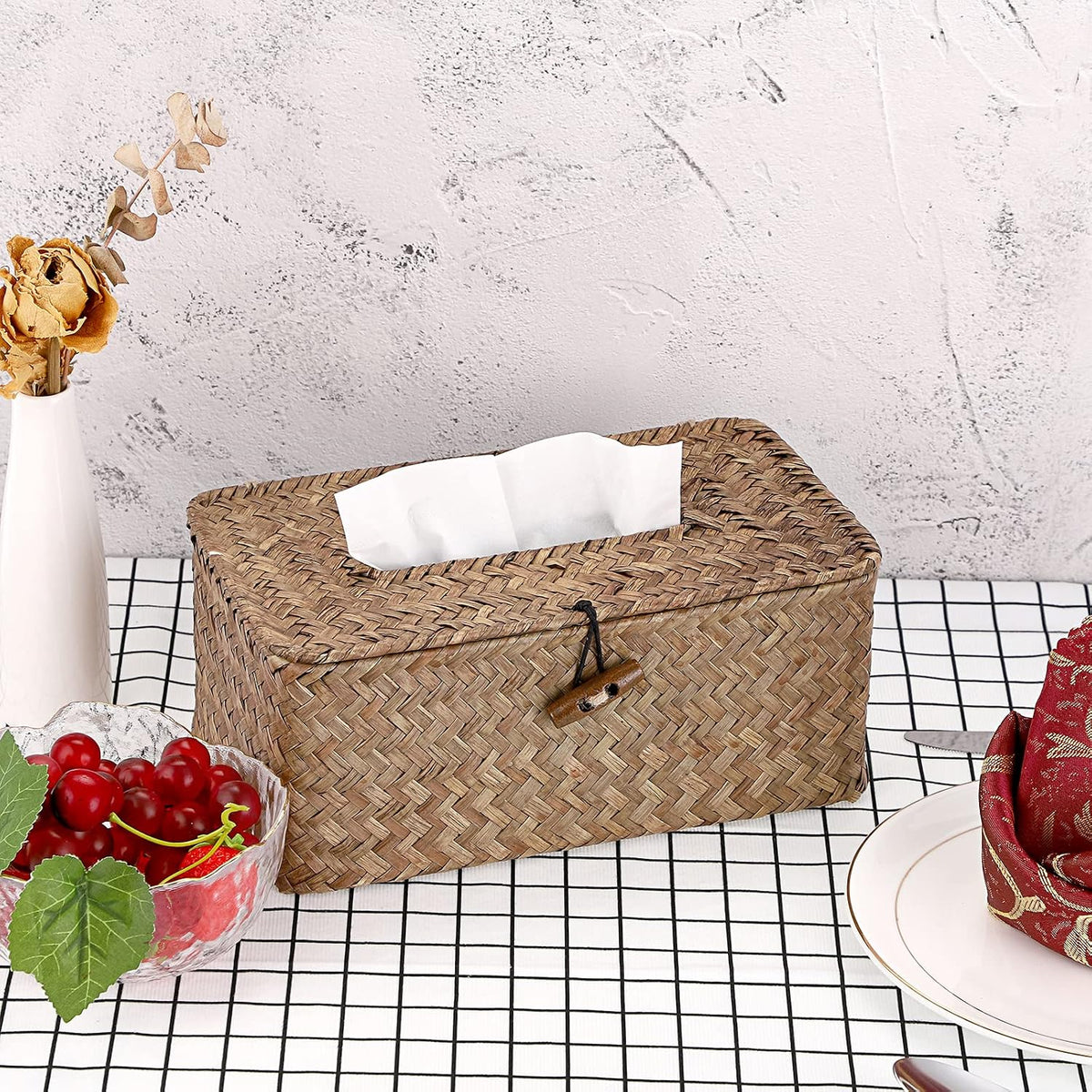 Sumnacon Tissue Box Cover Rectangle Seagrass Woven Tissue Box Holder,Coffee