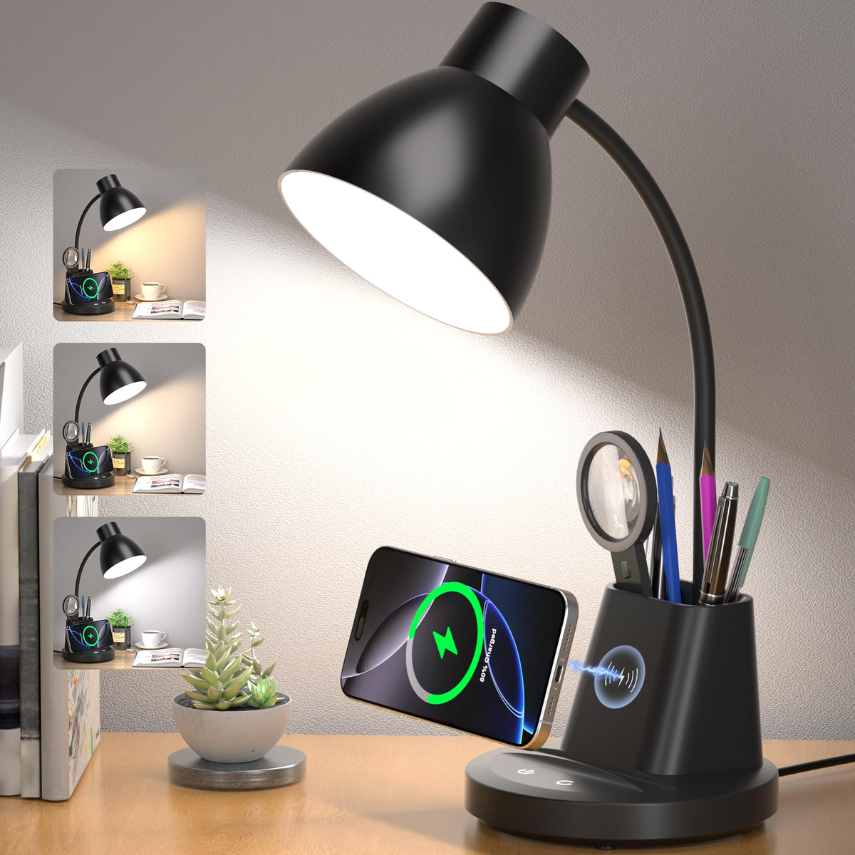 10W Wireless Charging LED Desk Lamp with Pen Holder, CRI 95, Black