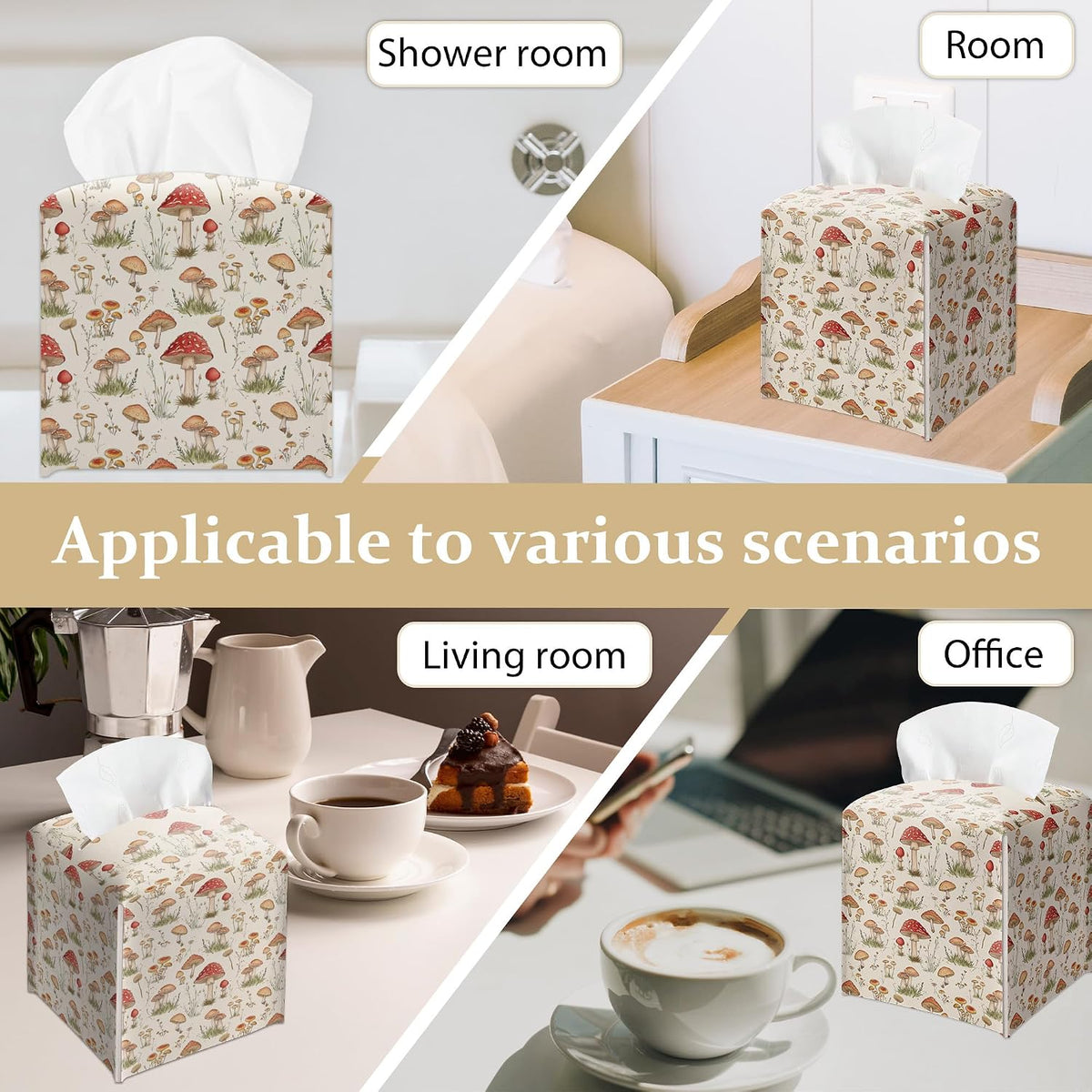 Forest Mushrooms Pattern Tissue Box Cover, Plants Design Leather Tissue Box Holder-Waterproof, Desktop Decor for Living Room Bedroom Nightstand Office, Gift for Women & Friend-A16