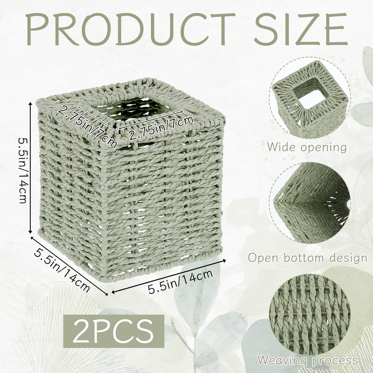 2 Pack Sage Green Tissue Box Cover Decorative Square Boho Natural Paper Rope Hand Woven Tissue Box Holder for Bathroom Bohemian Desk Bathroom Dresser Living Room Office Storage Container