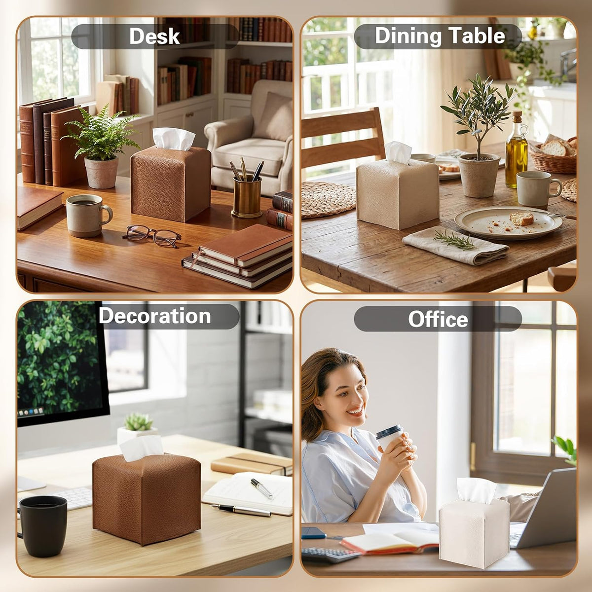 3 Pcs Tissue Box Cover Square PU Leather Tissue Box, Caramel Color