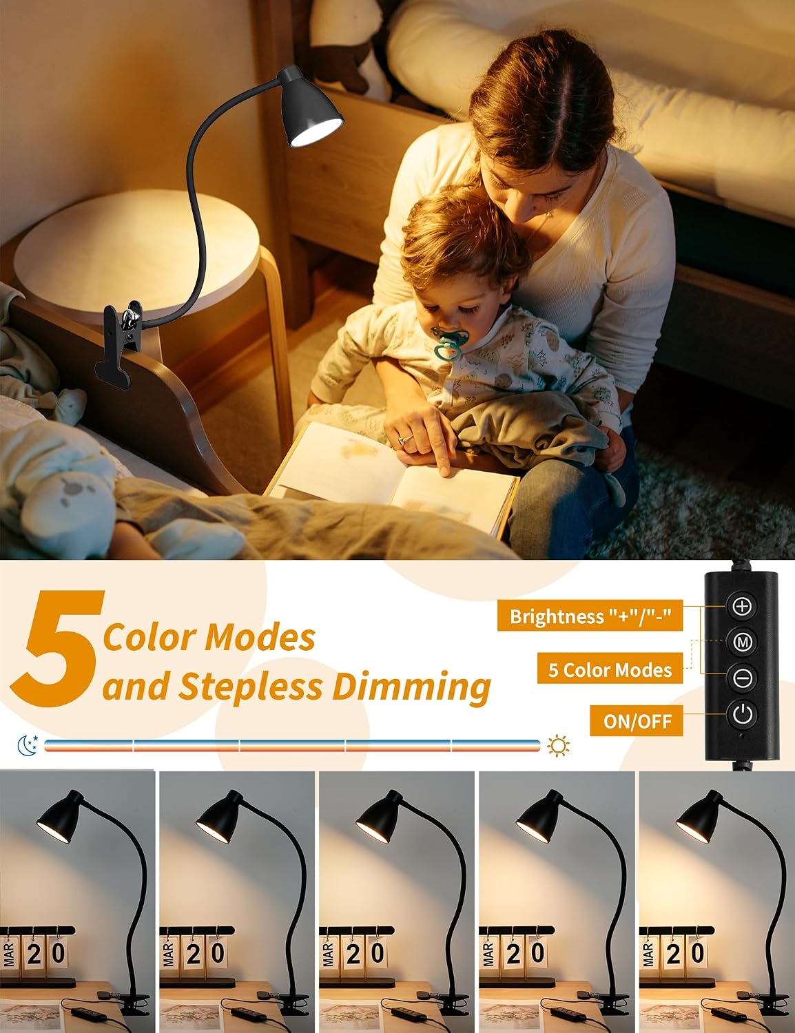 BOHON Desk Lamp 5 Color Modes 10 Brightness Dimmer Reading Light Black
