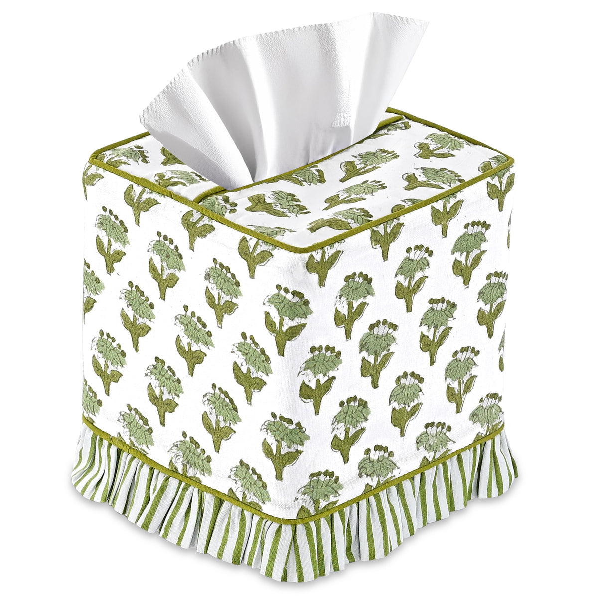 CPC Apatite Blue Hand Block Print Cotton Square Ruffle Tissue Box Cover