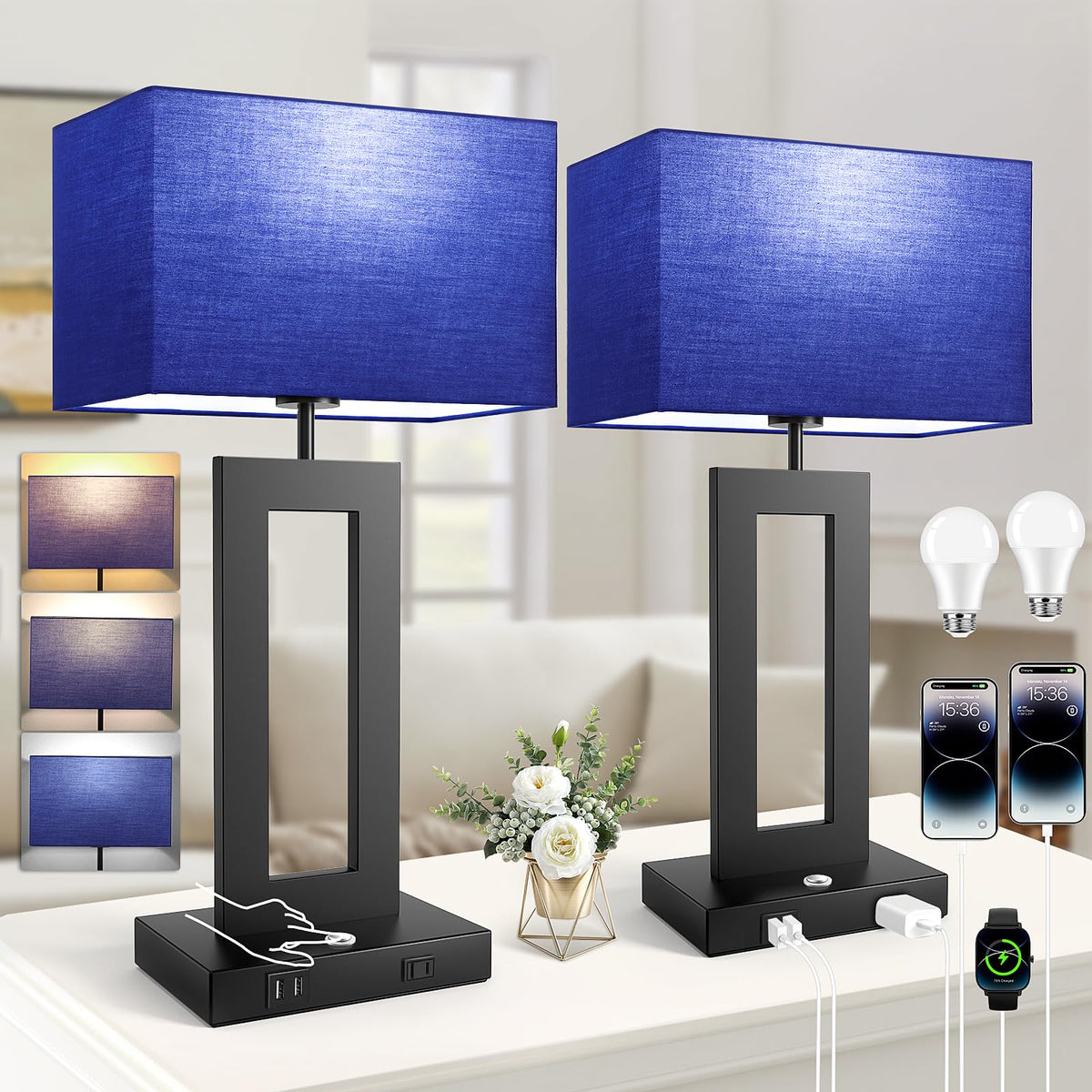 22’’ Touch Control Bedside Nightstand Lamps, Modern Table Lamps Set of 2