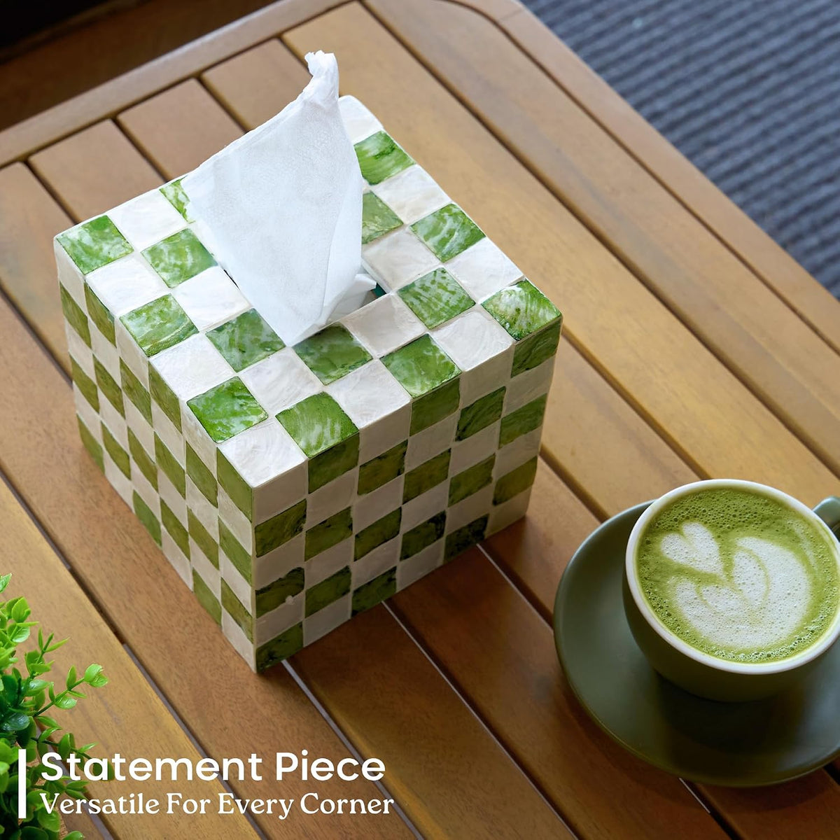 CHI AN HOME 5.5" Capiz Checkered Square Tissue Box Cover, Pistachio Green
