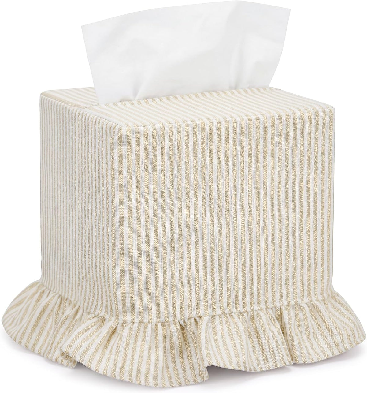 Sawysine Cream Striped Tissue Cover, Boho Ruffled Square Box Holder