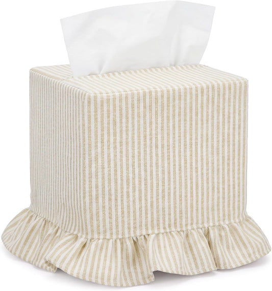 Sawysine Cream Striped Tissue Cover, Boho Ruffled Square Box Holder