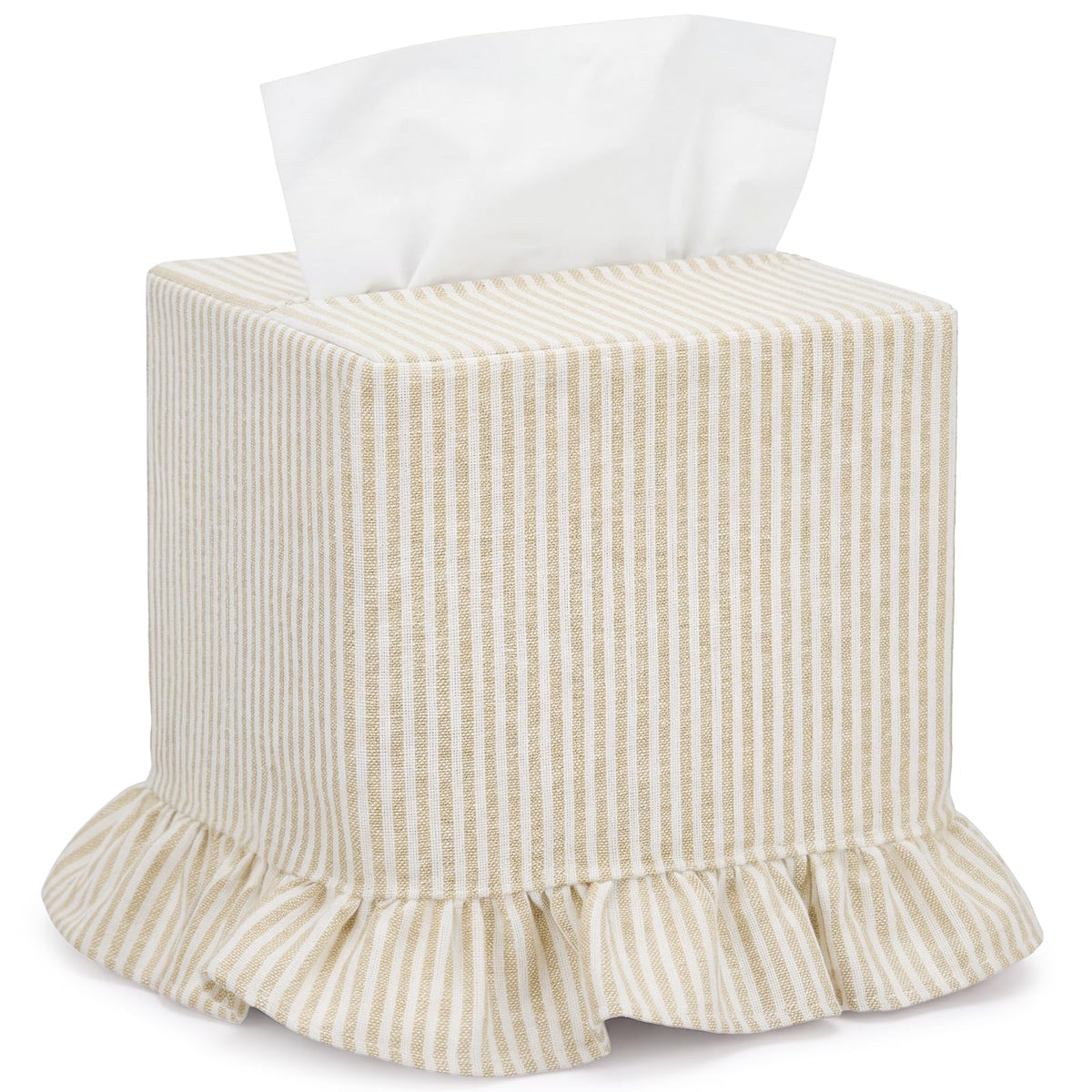 Sawysine Green Striped Fabric Tissue Box Cover, Square Ruffled Farmhouse