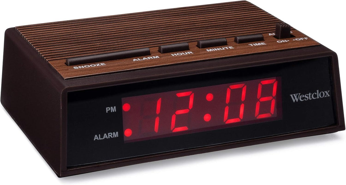 Westclox Retro Wood Style Small Night Table Alarm Clock with Red LED Display, 9-Minute Snooze, Battery Backup, Easy Electric Operation for Bedroom, Home or Office – Woodgrain