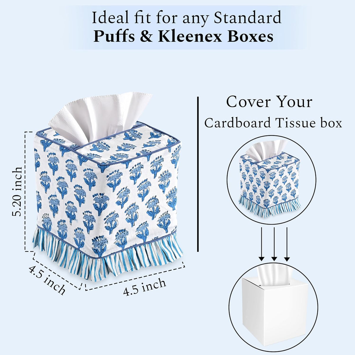 CPC Apatite Blue Hand Block Print Cotton Square Ruffle Tissue Box Cover