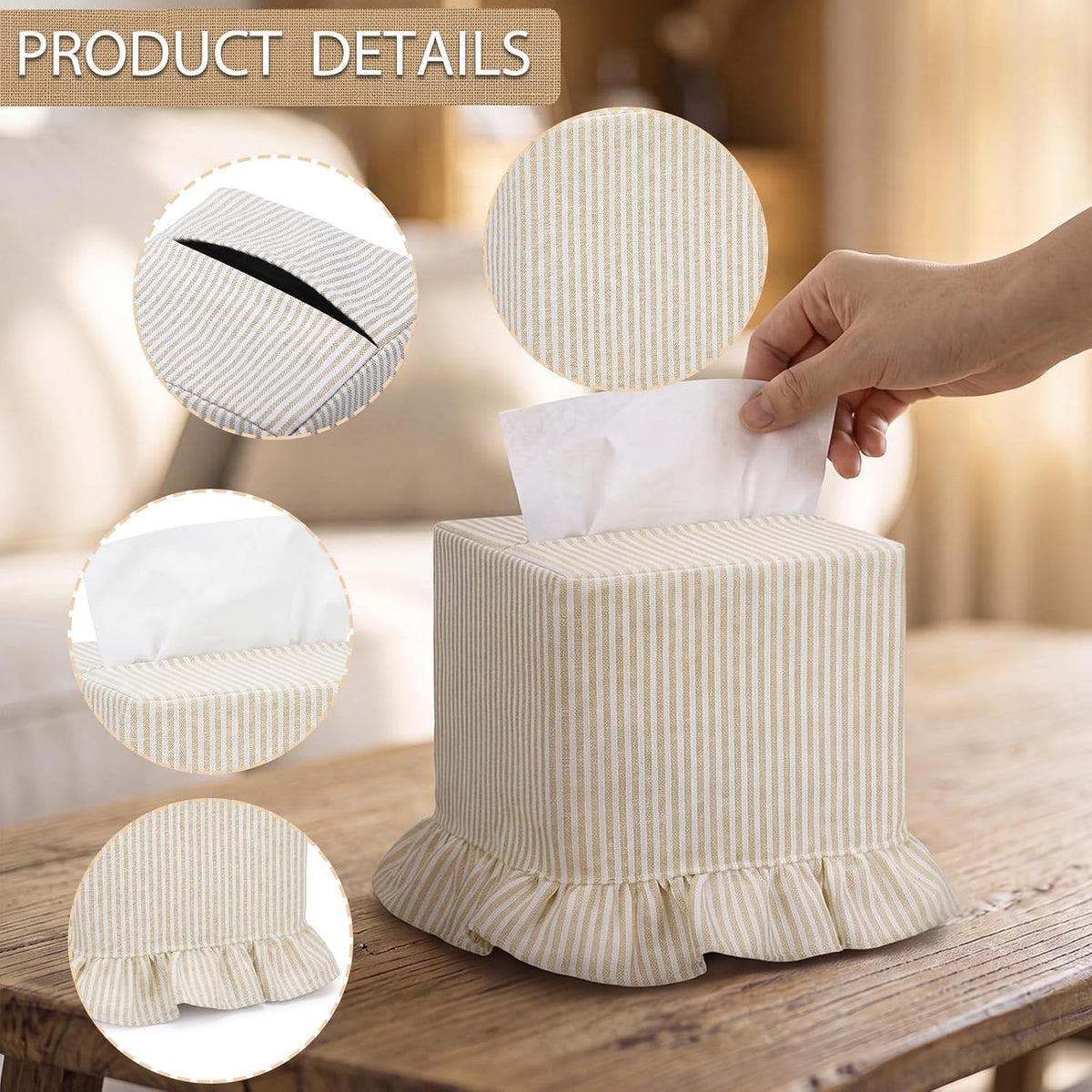 Sawysine Cream Striped Tissue Cover, Boho Ruffled Square Box Holder