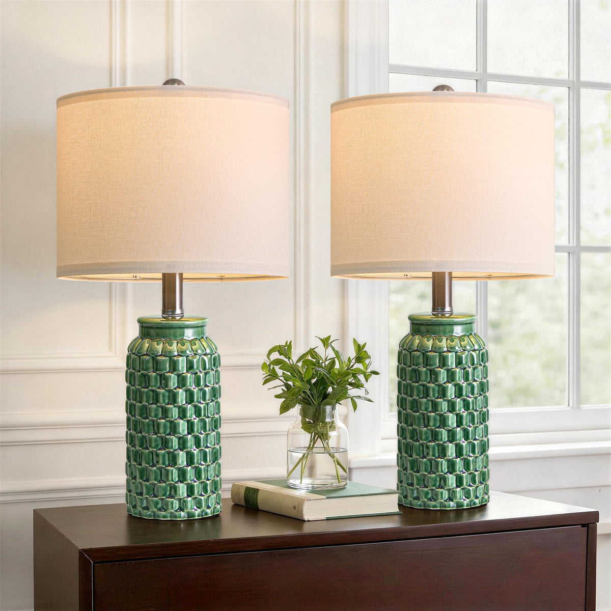 USumkky 20.5" White Modern Ceramic Bedside Lamps Set of 2, Small Table Lamp for Bedroom Decor Farmhouse Nightstand Lamp for Living Room Office