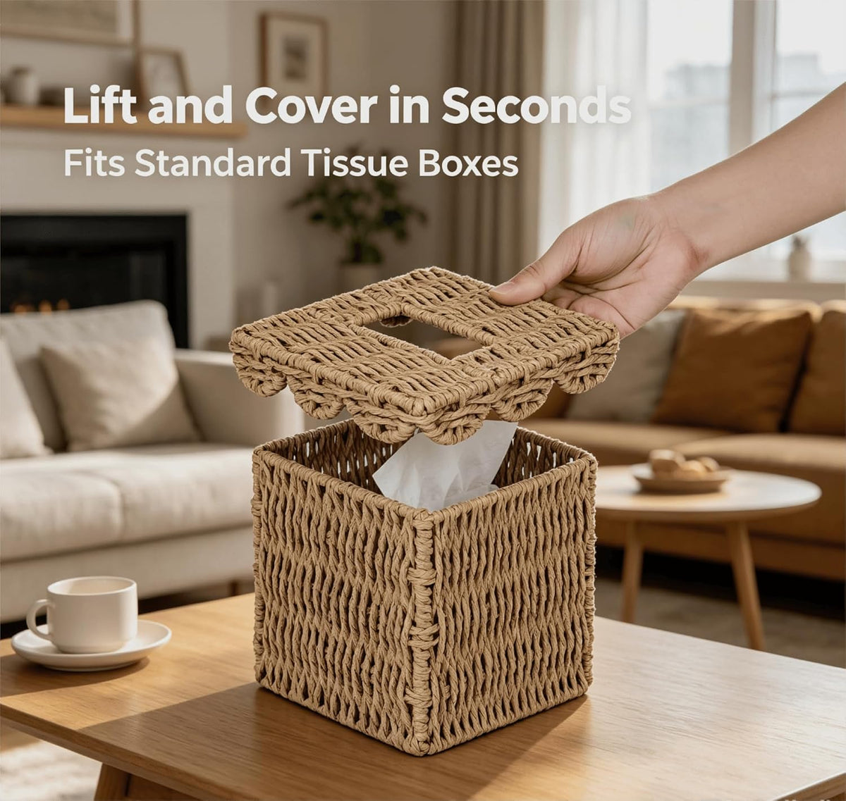 CubesLand Square Wicker Tissue Box Cover W/Scalloped Lid for Home Decor