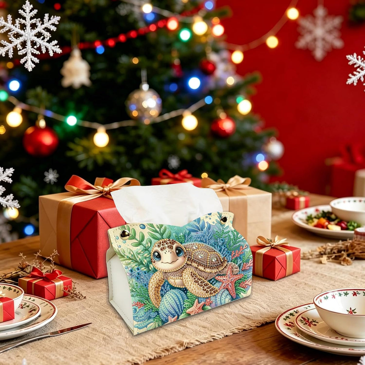 DIY Diamond Art Tissue Box Holder Kit, PU Leather Diamond Painting Folded Facial Tissue Holder, Crystal Art Storage Box Organizer for Home Office Desktop Decor (Sea Turtle)