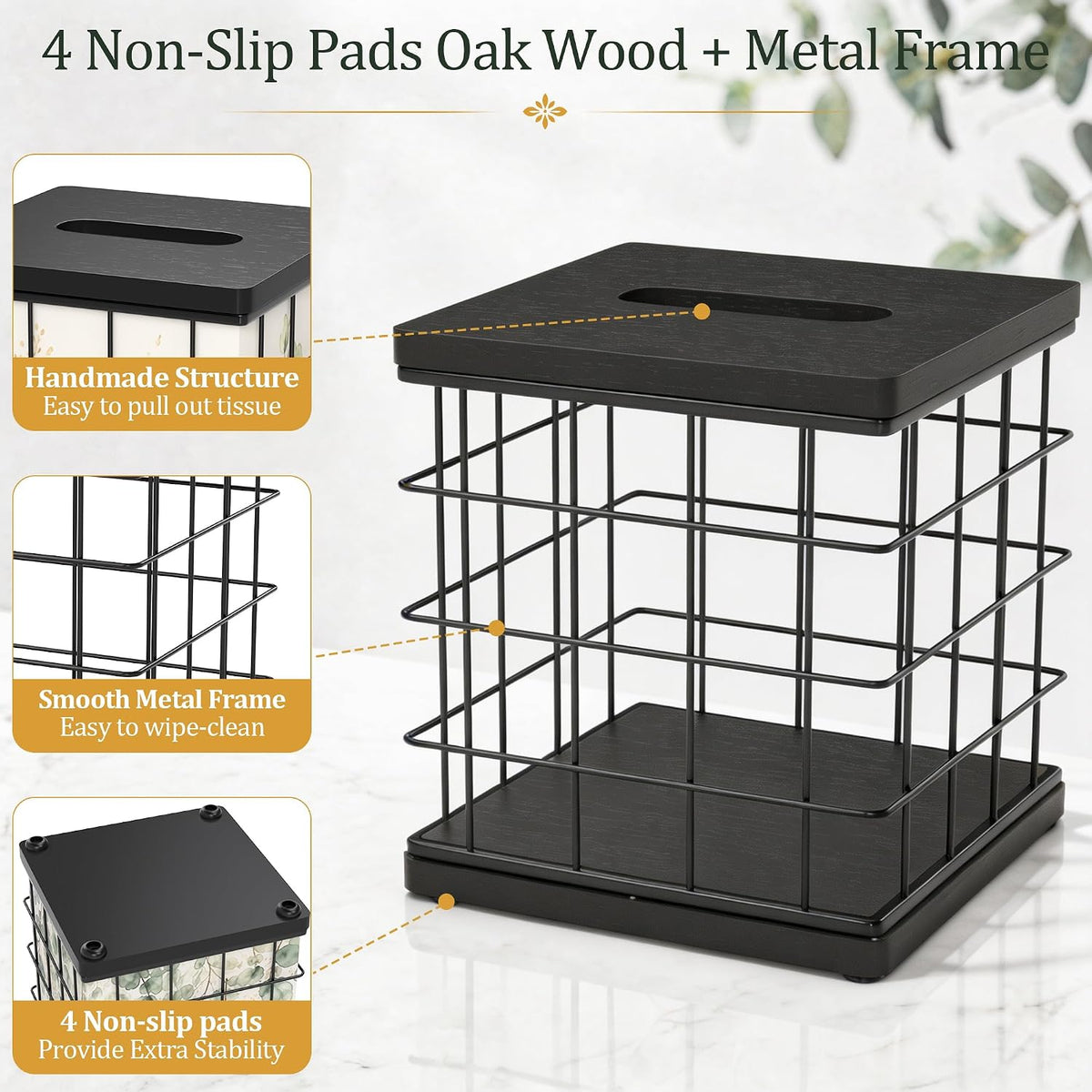Tissue Box Cover Square Oak Wood & Metal, 4 Seasonal Panels Magnetic Bottom