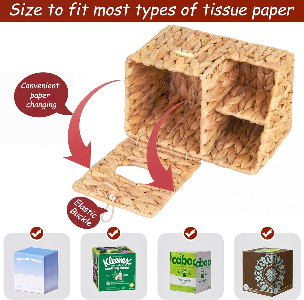 Tissue Box Cover with Storage, Water Hyacinth Square Tissue Box Holder
