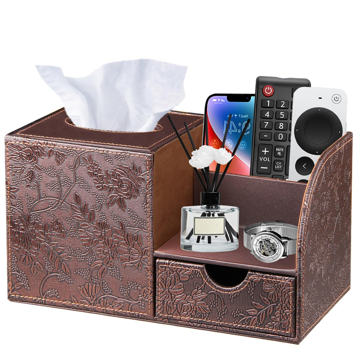 Nightstand Organizer with Tissue Holder,PU Leather Square Tissue Box Cover