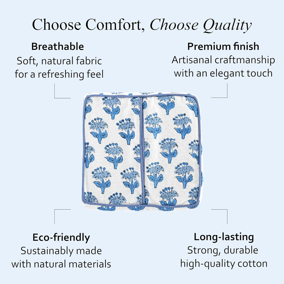 CPC Apatite Blue Hand Block Print Cotton Square Ruffle Tissue Box Cover