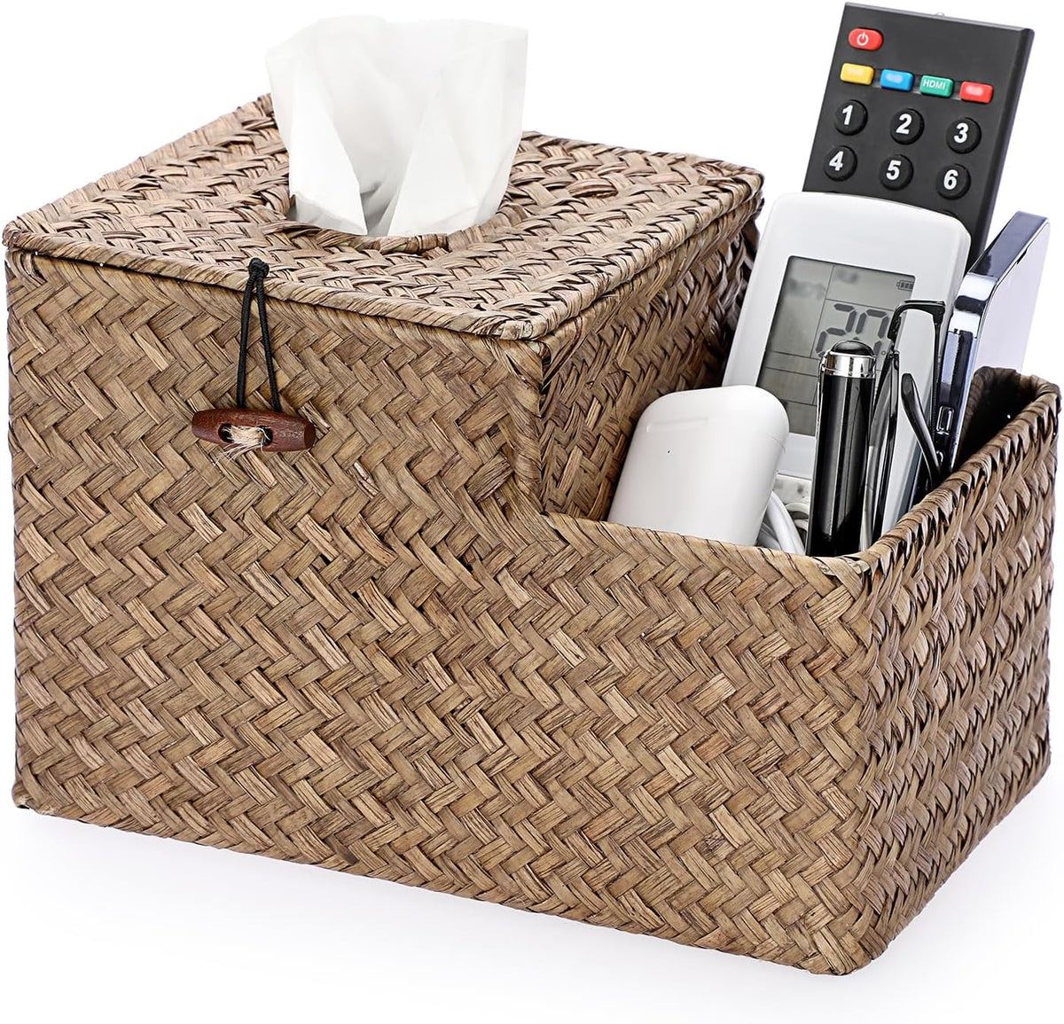 Sumnacon Tissue Box Cover Square Tissue Box Woven Seagrass Tissue Box Holder with Side Organizer, Rustic Tissue Holder for Living Room Bathroom Bedroom Kitchen Office Table Desk, Coffee
