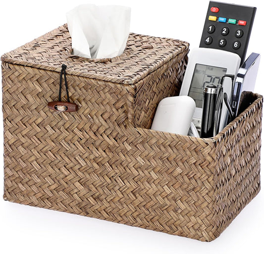 Sumnacon Tissue Box Cover Square Tissue Box Woven Seagrass Tissue Box Holder with Side Organizer, Rustic Tissue Holder for Living Room Bathroom Bedroom Kitchen Office Table Desk, Coffee