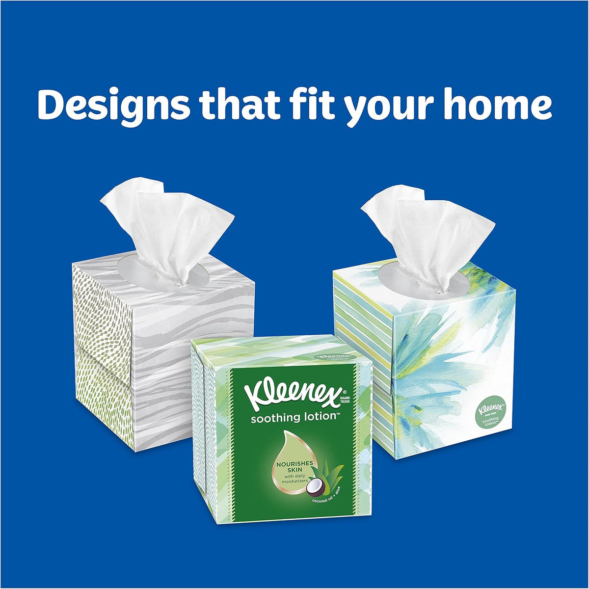 Kleenex Soothing Lotion Tissues with Aloe, Coconut Oil and Vitamin E, 4 cube boxes, 1 Cube Box containe 85 Tissues. Total of 340 Tissues. Assortment Colors.