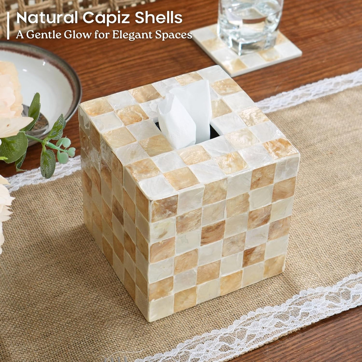 CHI AN HOME 5.5" Tissue Box Cover Square, Capiz Shell Tissue Holder, Ivory