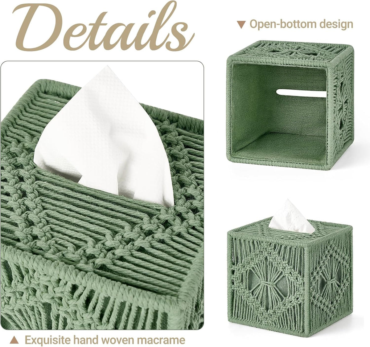 Mkono Tissue Box Cover Square, Boho Macrame Decor Open-Bottom Holder, Green