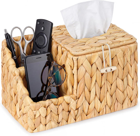 Tissue Box Cover with Storage, Water Hyacinth Square Tissue Box Holder