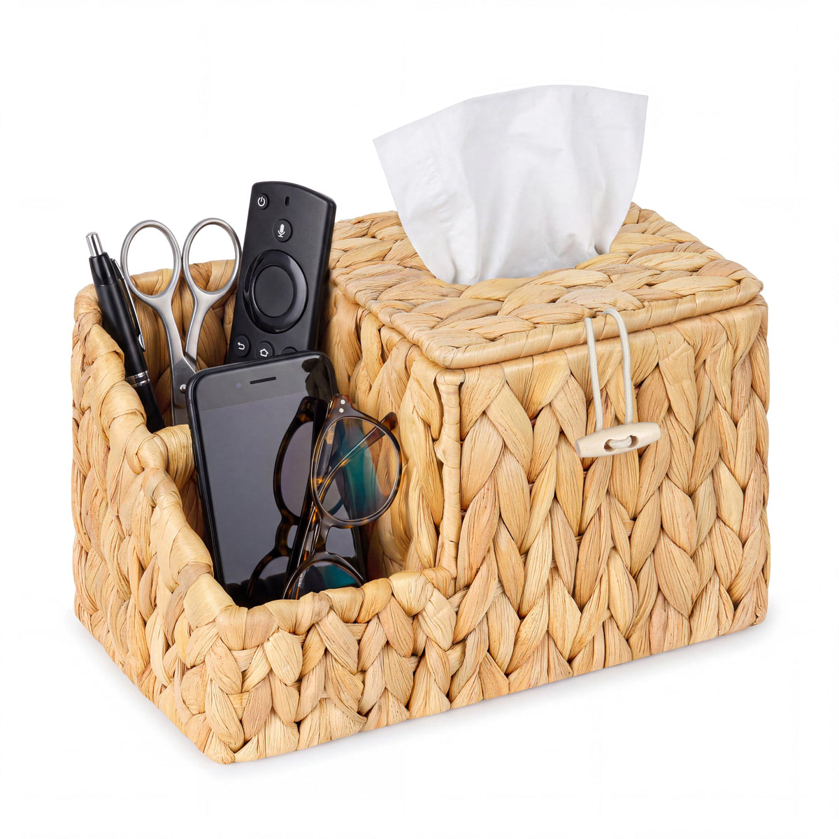 Tissue Box Cover with Storage, Water Hyacinth Square Tissue Box Holder