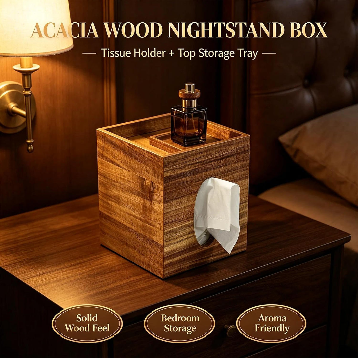 Acacia Wooden Tissue Box Cover, Square Tissue Box Cover with Storage Tray, Decorative Tissues Boxes Covers, Modern Farmhouse Decor Tissues Holder for Bathroom, Bedroom, Dinner Table,Office,Kitchen