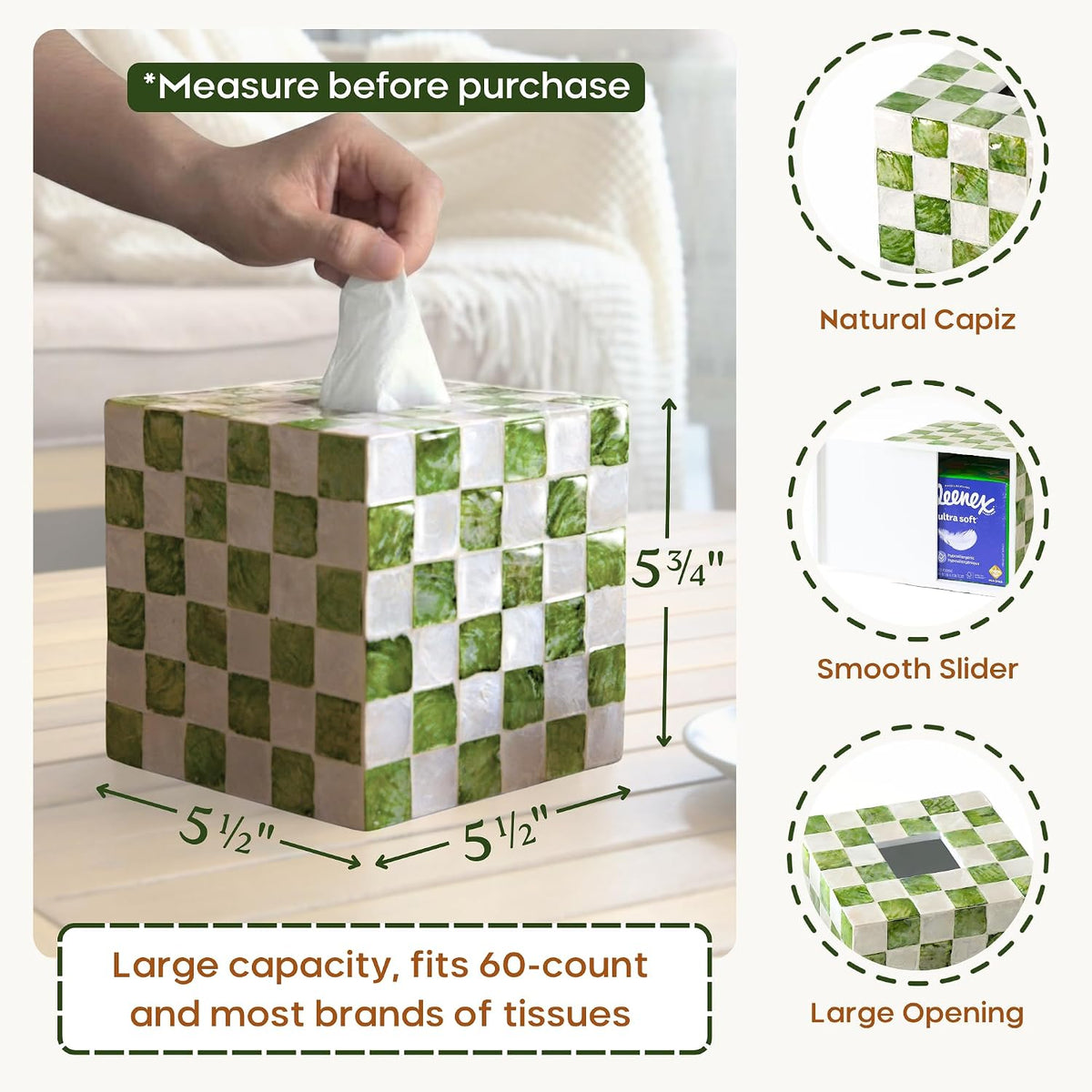 CHI AN HOME 5.5" Capiz Checkered Square Tissue Box Cover, Pistachio Green