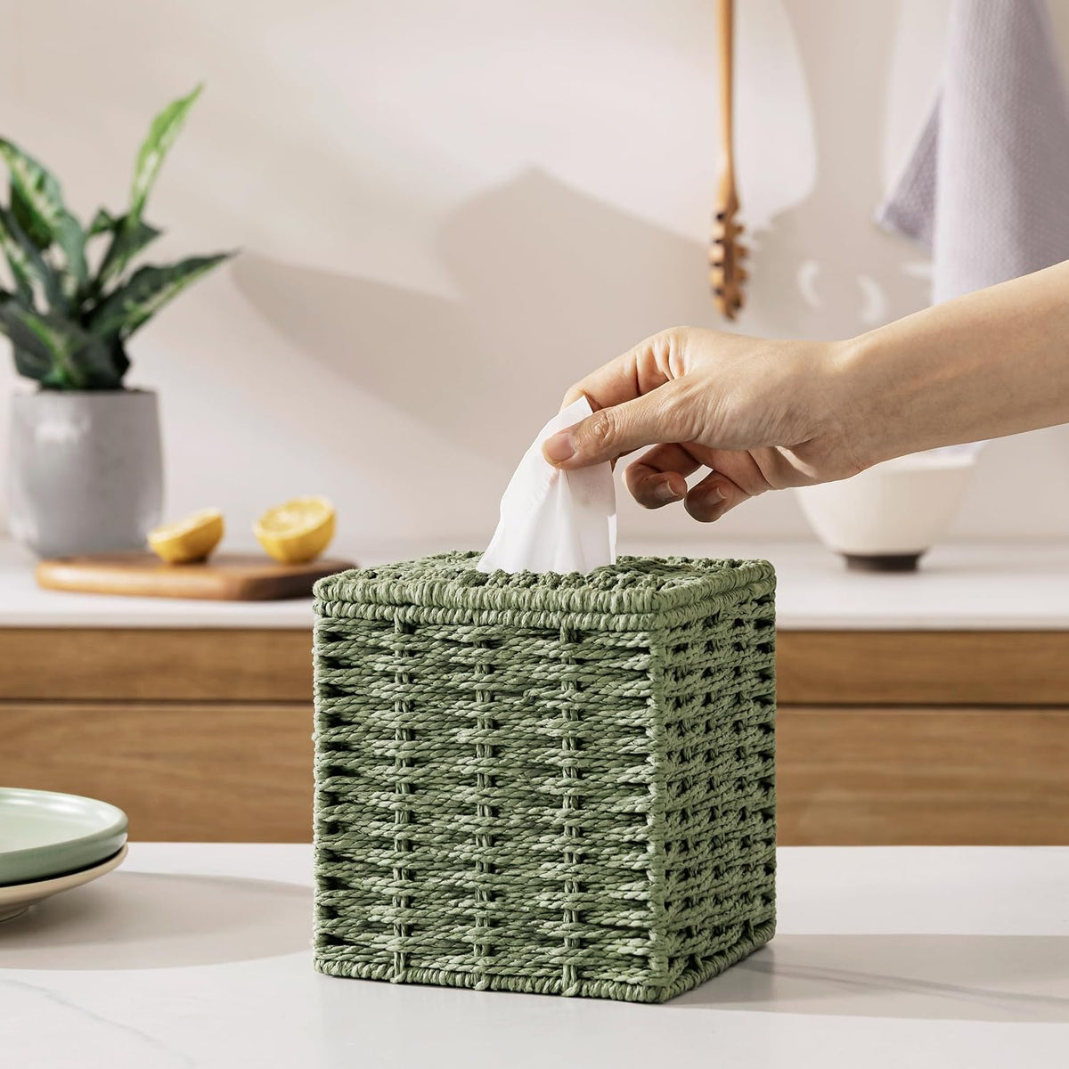 Sage Green Tissue Box Cover, Hand Woven Square Tissue Box Holder